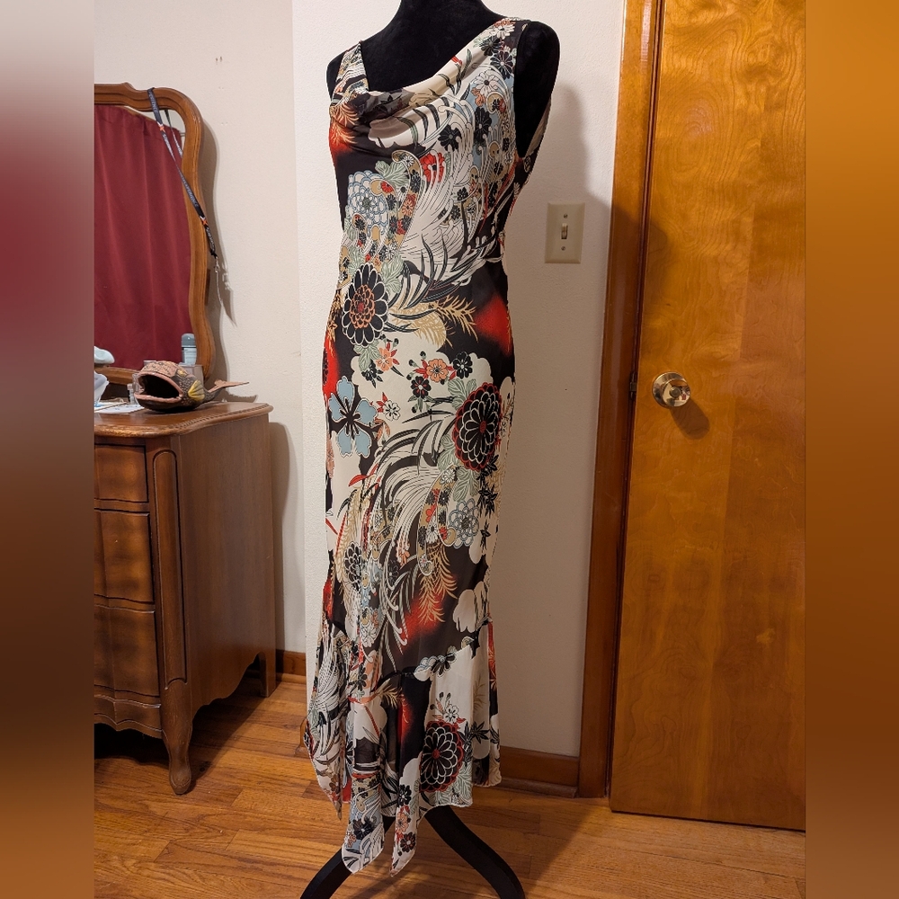 Season's Design Flash Tattoo Graphic Floral Cowl Sleeveless Mermaid Dress